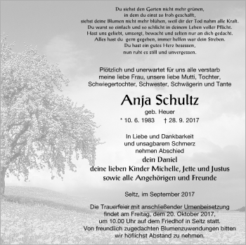 Traueranzeige von Anja Schultz von Neubrandenburger Zeitung