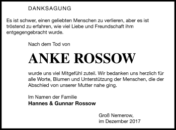 Traueranzeige von Anke Rossow von Neubrandenburger Zeitung