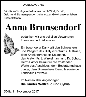 Traueranzeige von Anna Brunsendorf von Mecklenburger Schweiz