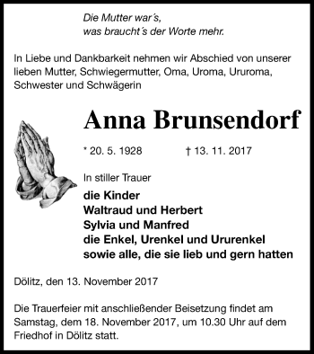 Traueranzeige von Anna Brunsendorf von Mecklenburger Schweiz