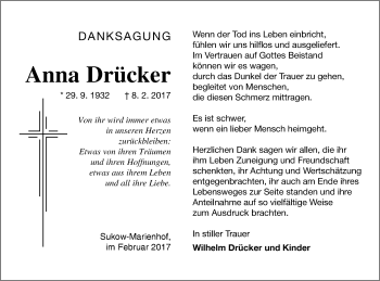 Traueranzeige von Anna Drücker von Mecklenburger Schweiz