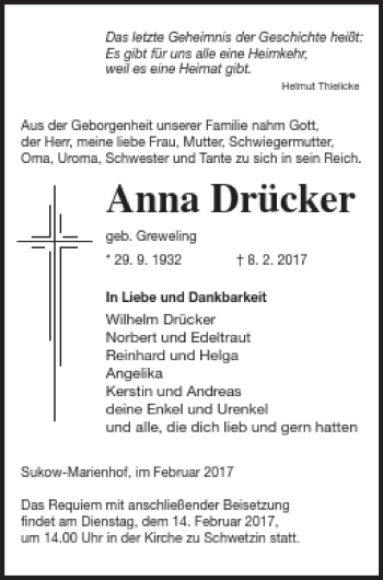 Traueranzeige von Anna Drücker von Mecklenburger Schweiz