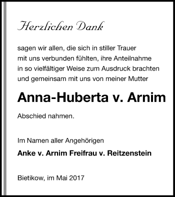 Traueranzeige von Anna-Huberts v. Arnim von Prenzlauer Zeitung