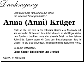 Traueranzeige von Anna Krüger von Mecklenburger Schweiz