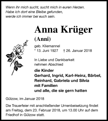 Traueranzeige von Anna Krüger von Mecklenburger Schweiz