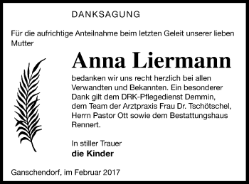 Traueranzeige von Anna Liermann von Demminer Zeitung