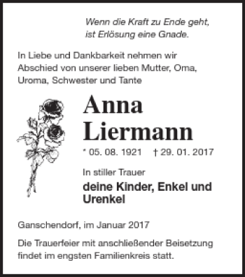 Traueranzeige von Anna Liermann von Demminer Zeitung