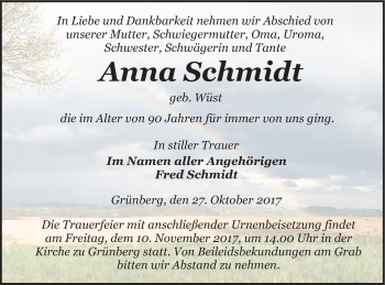 Traueranzeige von Anna Schmidt von Pasewalker Zeitung