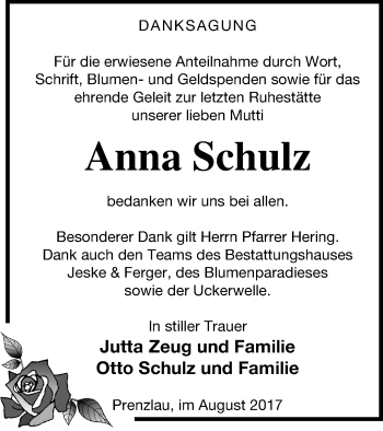 Traueranzeige von Anna Schulz von Prenzlauer Zeitung