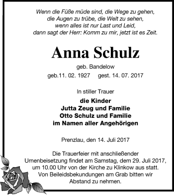 Traueranzeige von Anna Schulz von Prenzlauer Zeitung