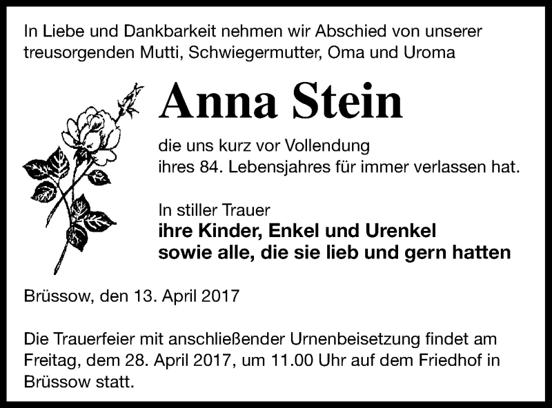  Traueranzeige für Anna Stein vom 19.04.2017 aus Prenzlauer Zeitung