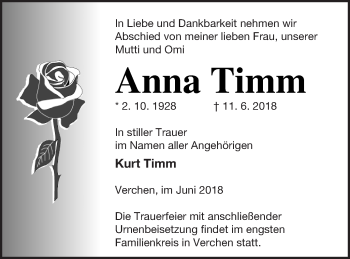 Traueranzeige von Anna Timm von Demminer Zeitung