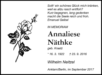 Traueranzeige von Annaliese Näthke von Vorpommern Kurier