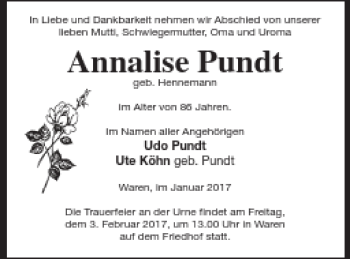 Traueranzeige von Annalise Pundt von Müritz-Zeitung