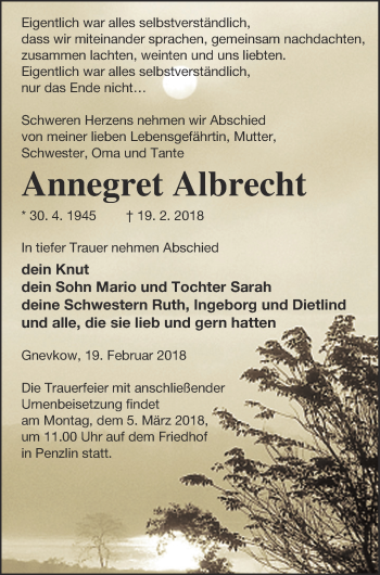 Traueranzeige von Annegret Albrecht von Demminer Zeitung