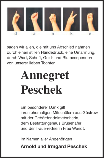 Traueranzeige von Annegret Peschek von Müritz-Zeitung