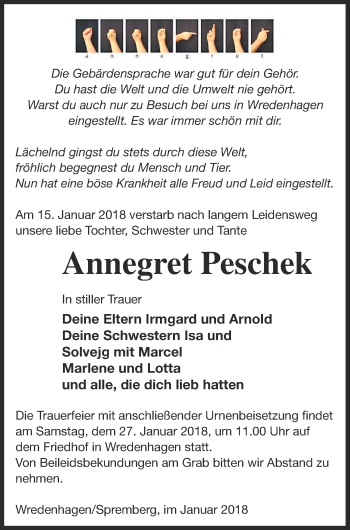 Traueranzeige von Annegret Peschek von Müritz-Zeitung