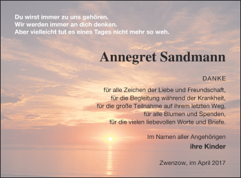 Traueranzeige von Annegret Sandmann von Strelitzer Zeitung