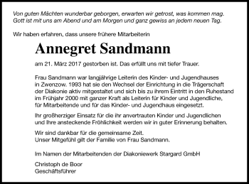 Traueranzeige von Annegret Sandmann von Strelitzer Zeitung