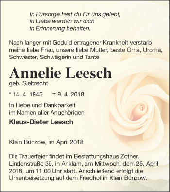 Traueranzeige von Annelie Leesch von Vorpommern Kurier