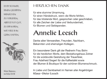 Traueranzeige von Annelie Leesch von Vorpommern Kurier