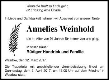 Traueranzeige von Annelies Weinhold von Mecklenburger Schweiz