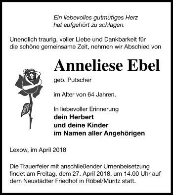 Traueranzeige von Anneliese Ebel von Müritz-Zeitung