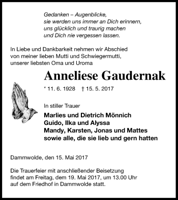 Traueranzeige von Anneliese Gaudernak von Müritz-Zeitung