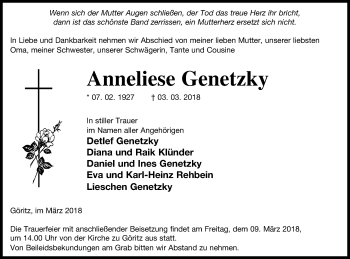 Traueranzeige von Anneliese Genetzky von Prenzlauer Zeitung