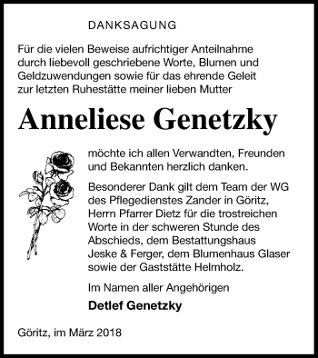 Traueranzeige von Anneliese Genetzky von Prenzlauer Zeitung