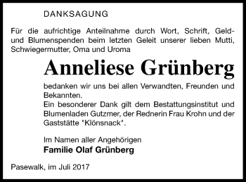 Traueranzeige von Anneliese Grünberg von Pasewalker Zeitung