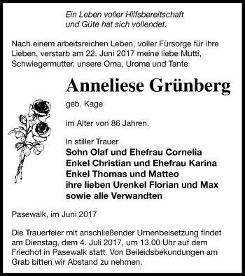 Traueranzeige von Anneliese Grünberg von Pasewalker Zeitung