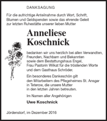 Traueranzeige von Anneliese Koschnick von Mecklenburger Schweiz