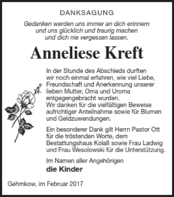 Traueranzeige von Anneliese Kreft von Demminer Zeitung