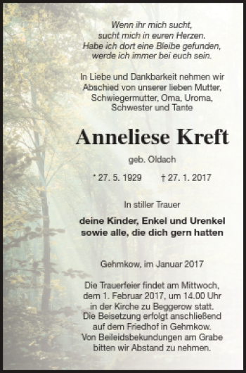 Traueranzeige von Anneliese Kreft von Demminer Zeitung