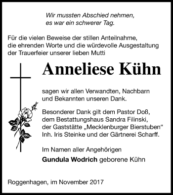 Traueranzeige von Anneliese Kühn von Neubrandenburger Zeitung