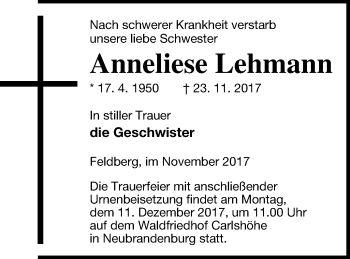 Traueranzeige von Anneliese Lehmann von Demminer Zeitung