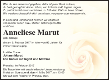 Traueranzeige von Anneliese Marut von Prenzlauer Zeitung