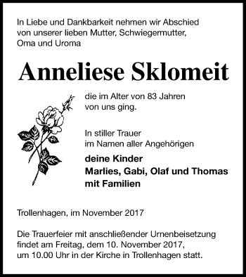 Traueranzeige von Anneliese Sklomeit von Neubrandenburger Zeitung