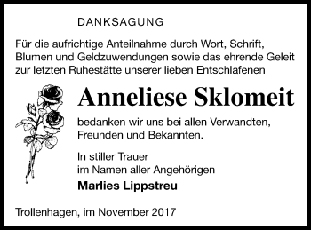 Traueranzeige von Anneliese Sklomeit von Neubrandenburger Zeitung