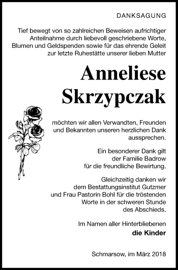 Traueranzeige von Anneliese Skrzypczak von Pasewalker Zeitung