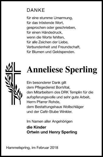 Traueranzeige von Anneliese Sperling von Templiner Zeitung