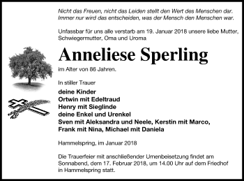 Traueranzeige von Anneliese Sperling von Templiner Zeitung