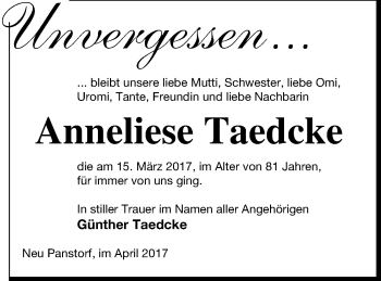 Traueranzeige von Anneliese Taedcke von Mecklenburger Schweiz