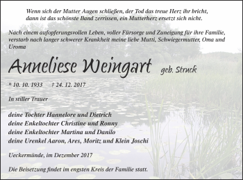 Traueranzeige von Anneliese Weingart von Haff-Zeitung