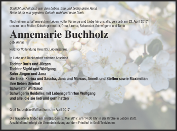 Traueranzeige von Annemarie Buchholz von Neubrandenburger Zeitung