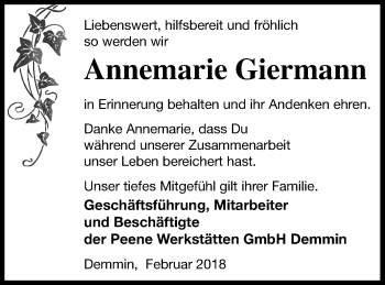 Traueranzeige von Annemarie Giermann von Demminer Zeitung