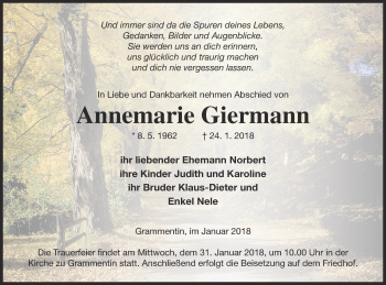 Traueranzeige von Annemarie Giermann von Demminer Zeitung