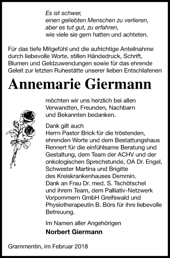 Traueranzeige von Annemarie Giermann von Mecklenburger Schweiz