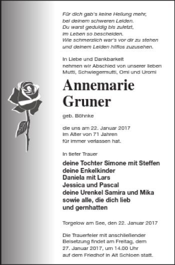 Traueranzeige von Annemarie Gruner von Müritz-Zeitung